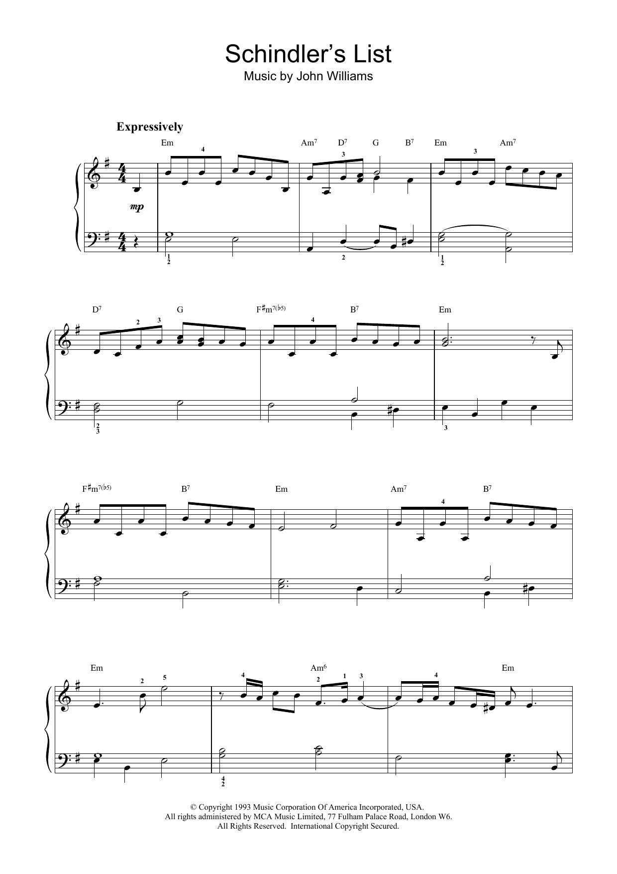 John Williams Schindler's List sheet music notes and chords arranged for Piano Solo