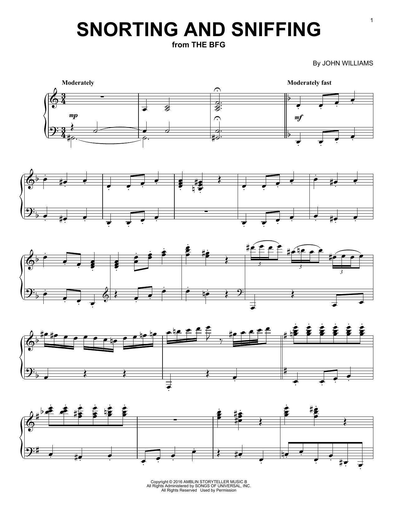 John Williams Snorting And Sniffing sheet music notes and chords arranged for Piano Solo