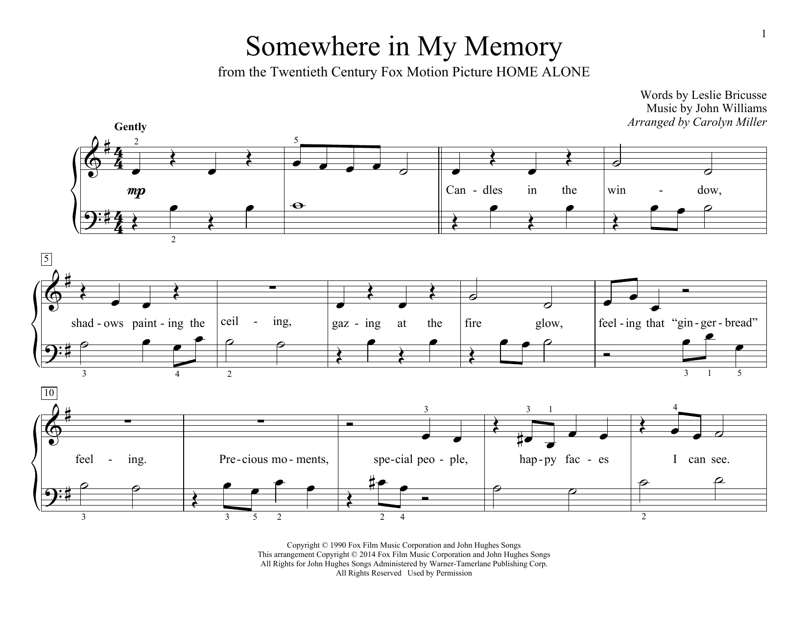 John Williams Somewhere In My Memory (arr. Carolyn Miller) sheet music notes and chords arranged for Educational Piano