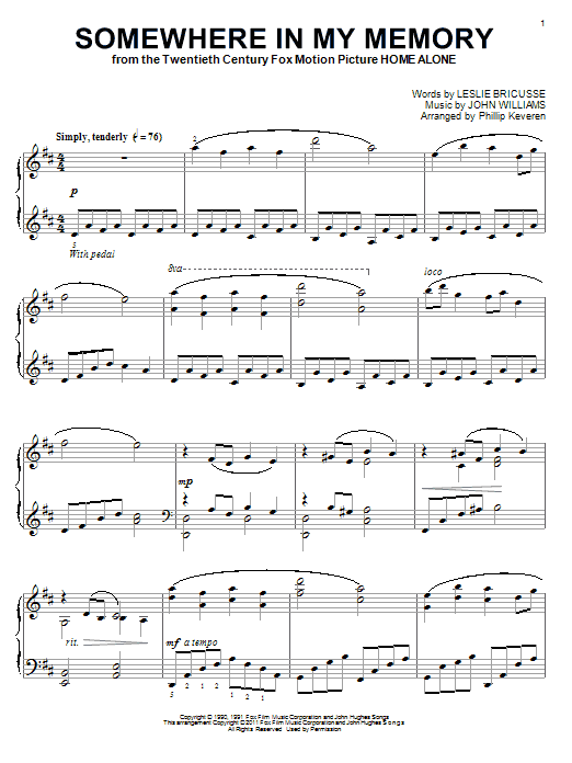John Williams Somewhere In My Memory (arr. Phillip Keveren) sheet music notes and chords arranged for Piano Solo