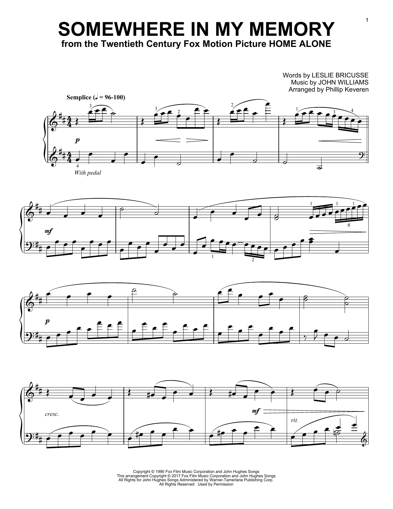 John Williams Somewhere In My Memory [Classical version] (arr. Phillip Keveren) sheet music notes and chords arranged for Piano Solo