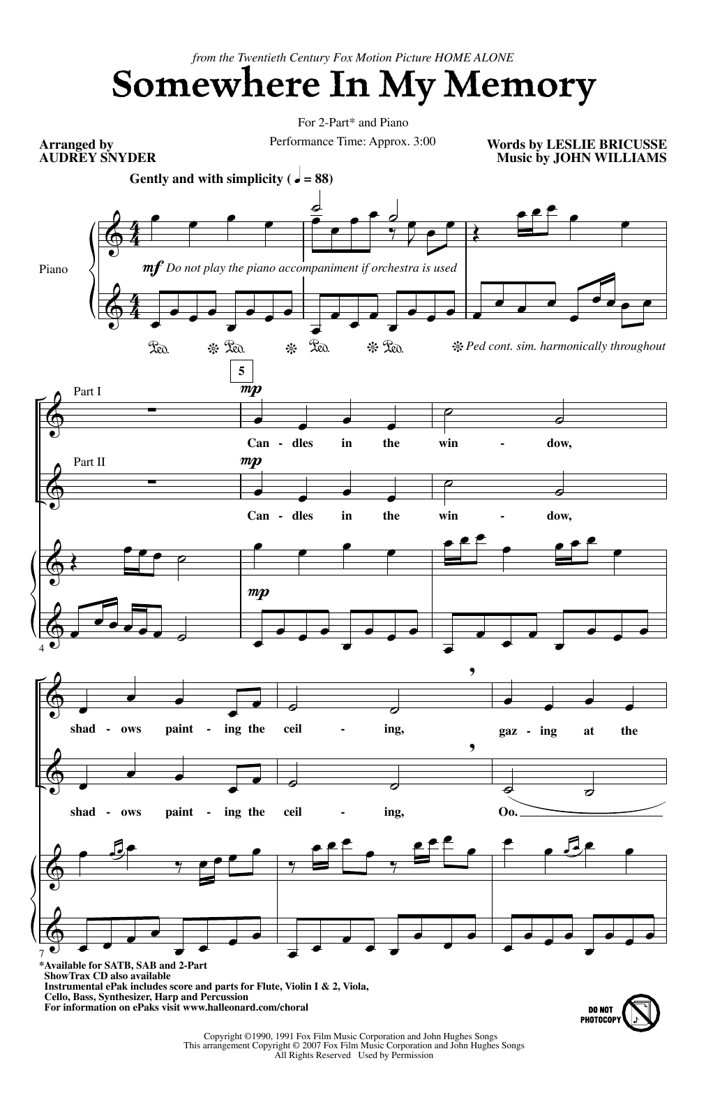 John Williams Somewhere In My Memory (from Home Alone) (arr. Audrey Snyder) sheet music notes and chords arranged for 2-Part Choir