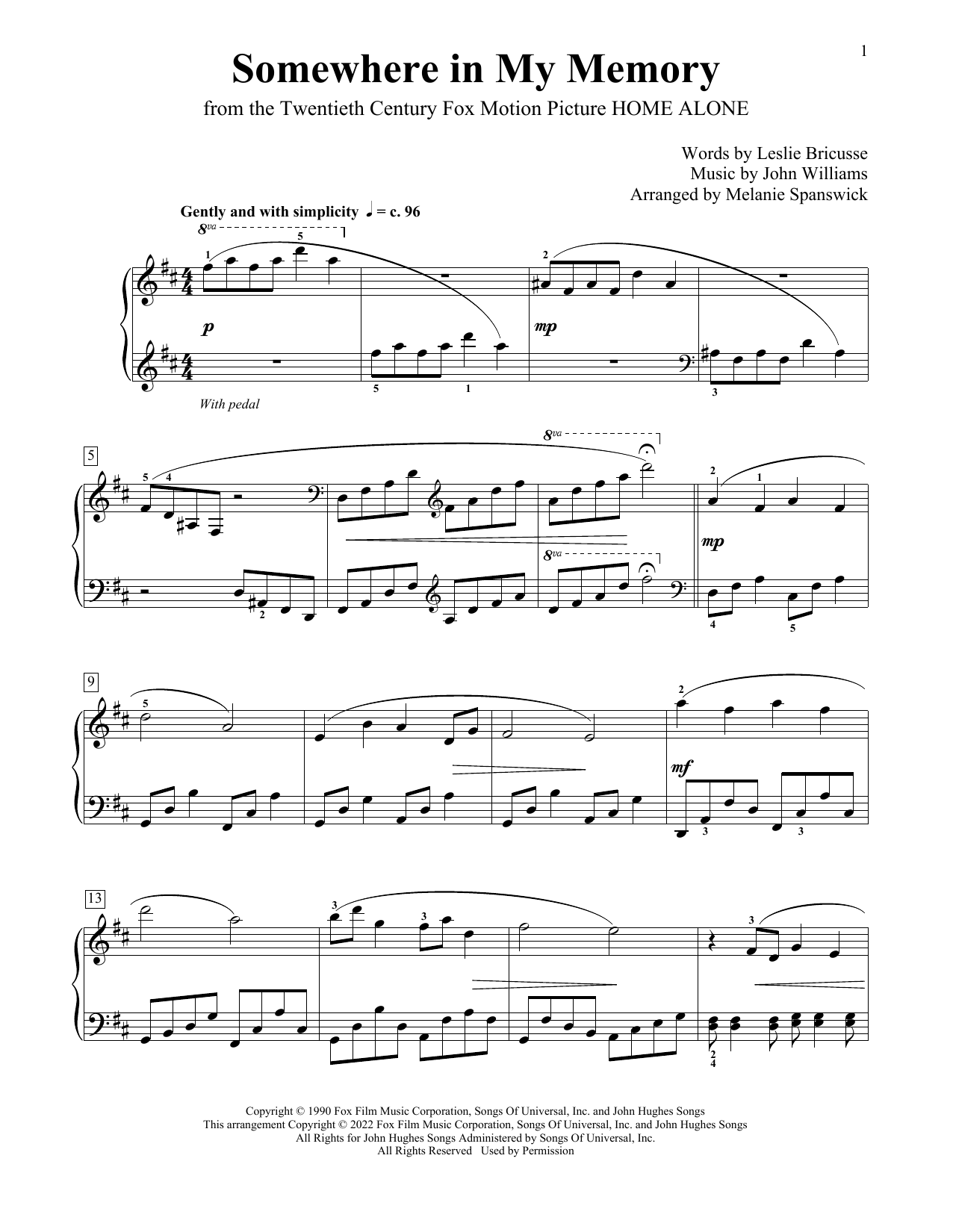 John Williams Somewhere In My Memory (from Home Alone) (arr. Melanie Spanswick) sheet music notes and chords arranged for Educational Piano