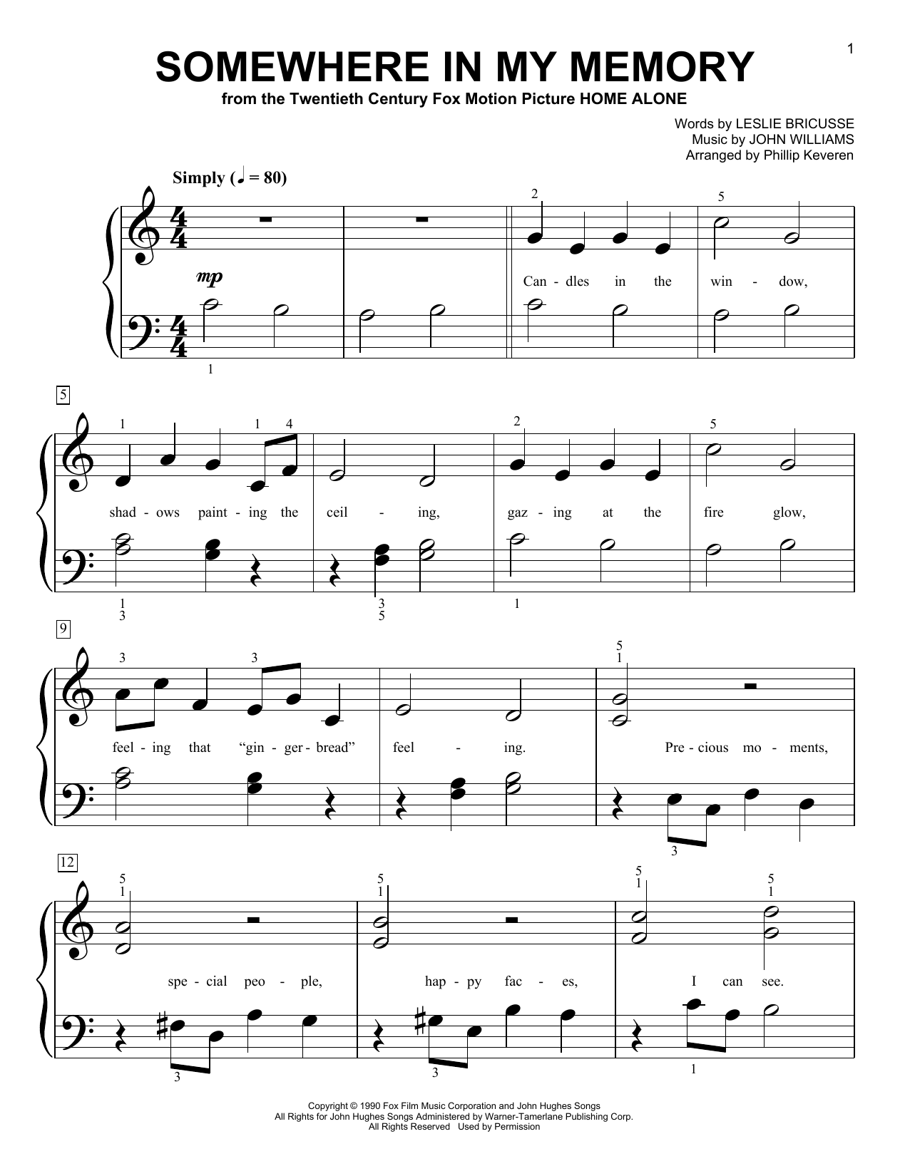 John Williams Somewhere In My Memory (from Home Alone) (arr. Phillip Keveren) sheet music notes and chords arranged for Big Note Piano