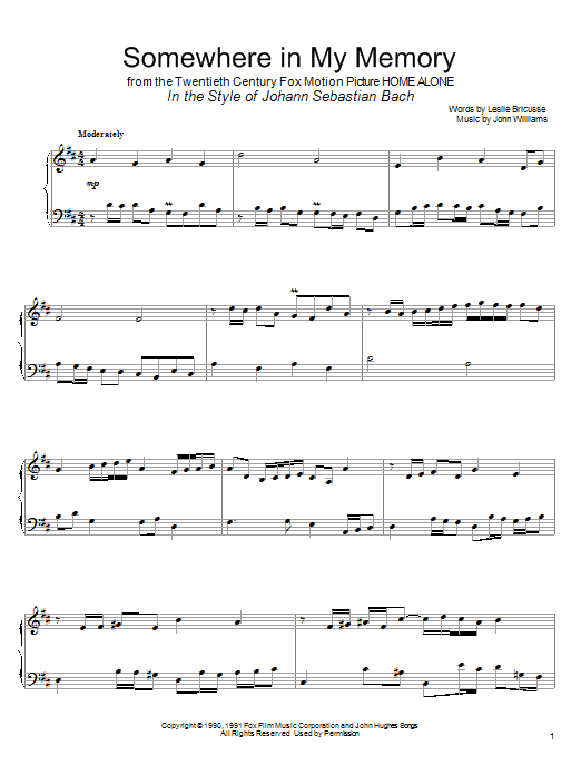 John Williams Somewhere In My Memory (from Home Alone) (in the style of J.S. Bach) (arr. David Pearl) sheet music notes and chords arranged for Piano Solo