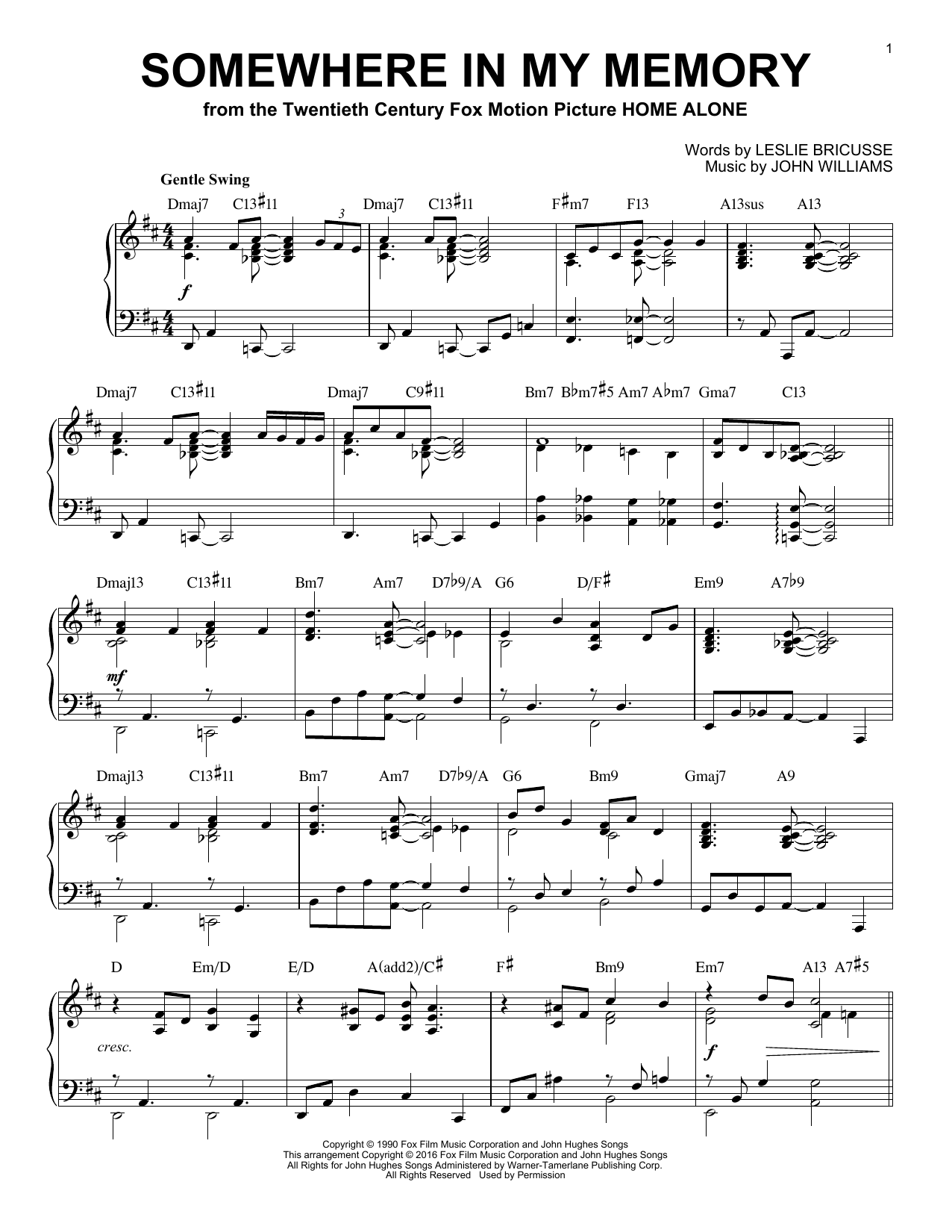 John Williams Somewhere In My Memory [Jazz version] (from Home Alone) (arr. Brent Edstrom) sheet music notes and chords arranged for Piano Solo