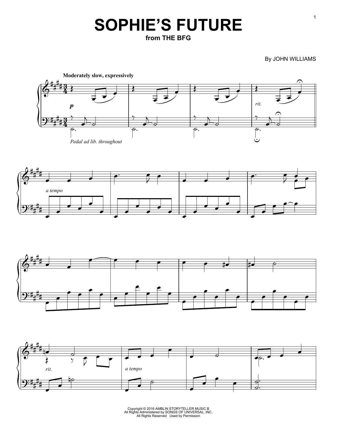 John Williams Sophie's Future sheet music notes and chords arranged for Piano Solo