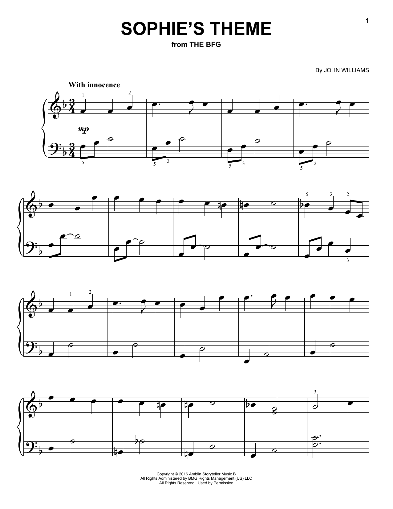 John Williams Sophie's Theme (from The BFG) sheet music notes and chords arranged for Very Easy Piano