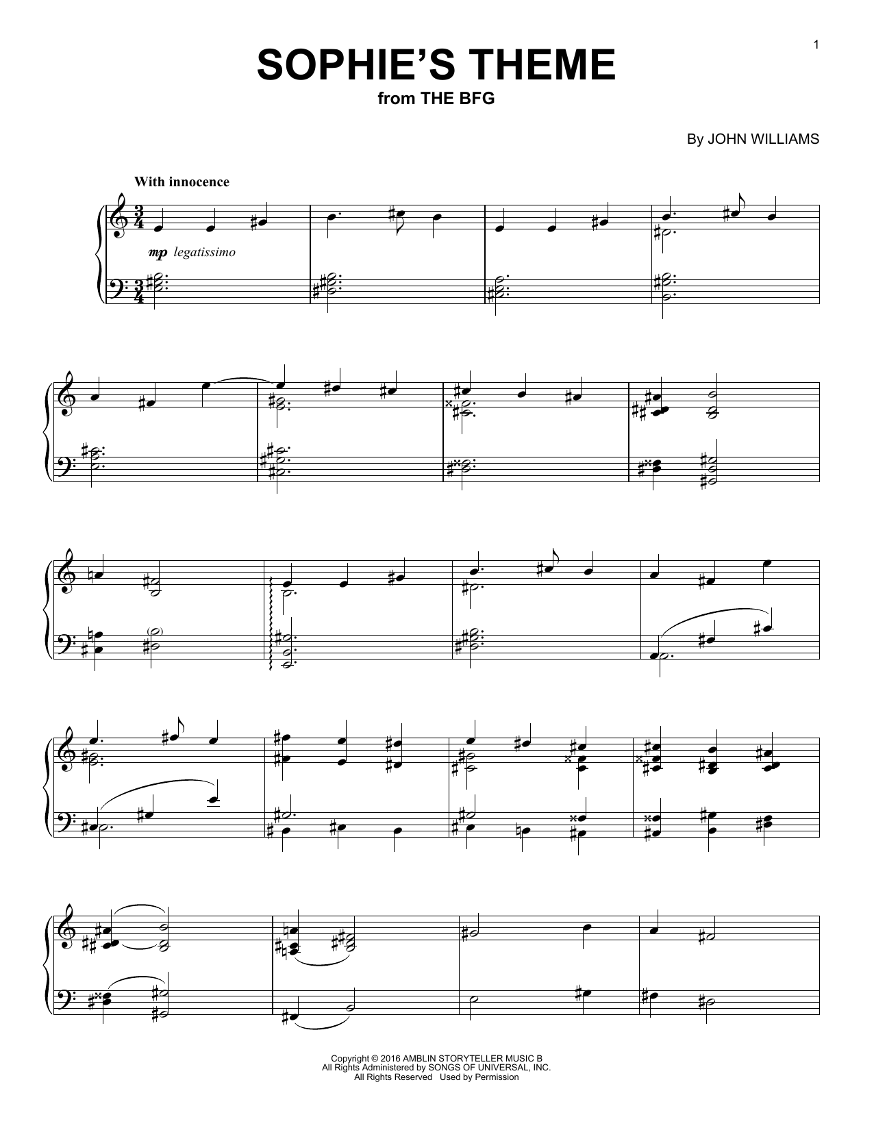 John Williams Sophie's Theme sheet music notes and chords arranged for Easy Guitar Tab