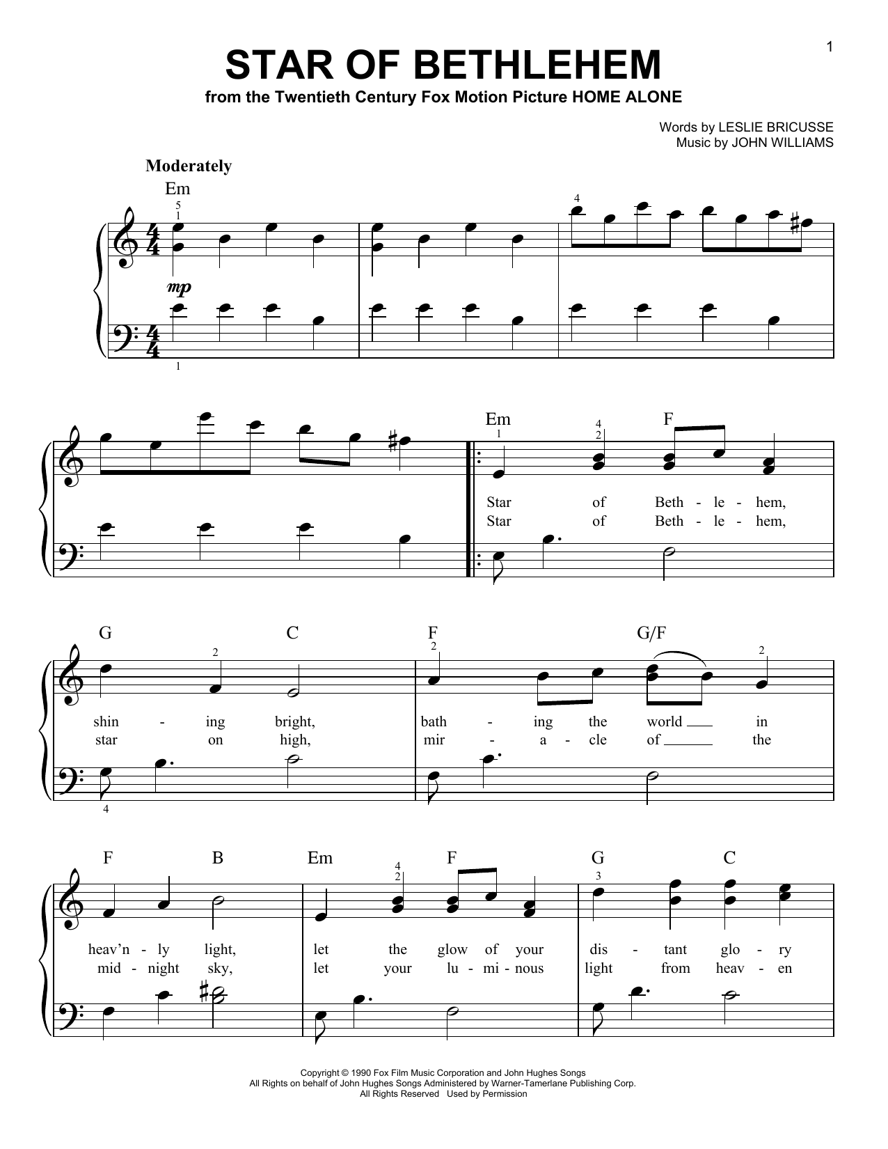 John Williams Star Of Bethlehem (from Home Alone) sheet music notes and chords arranged for Easy Piano