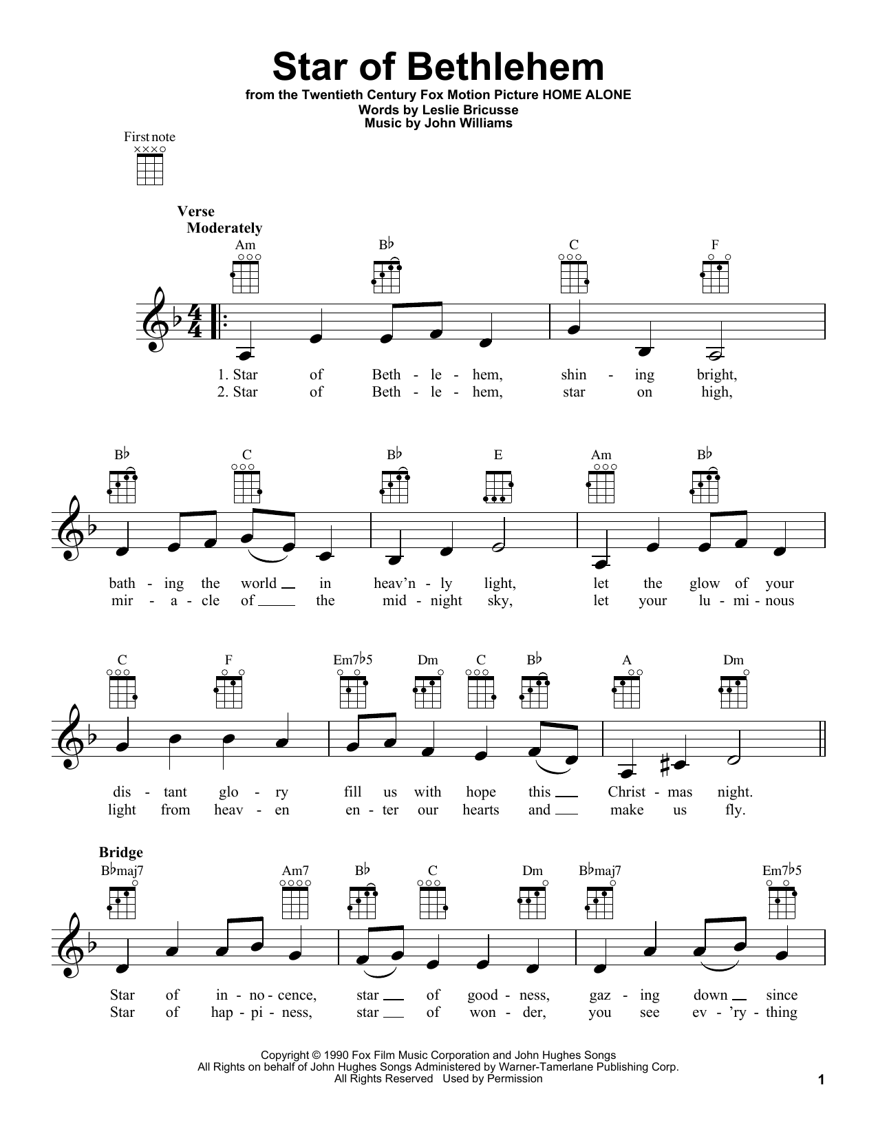 John Williams Star Of Bethlehem sheet music notes and chords arranged for Ukulele