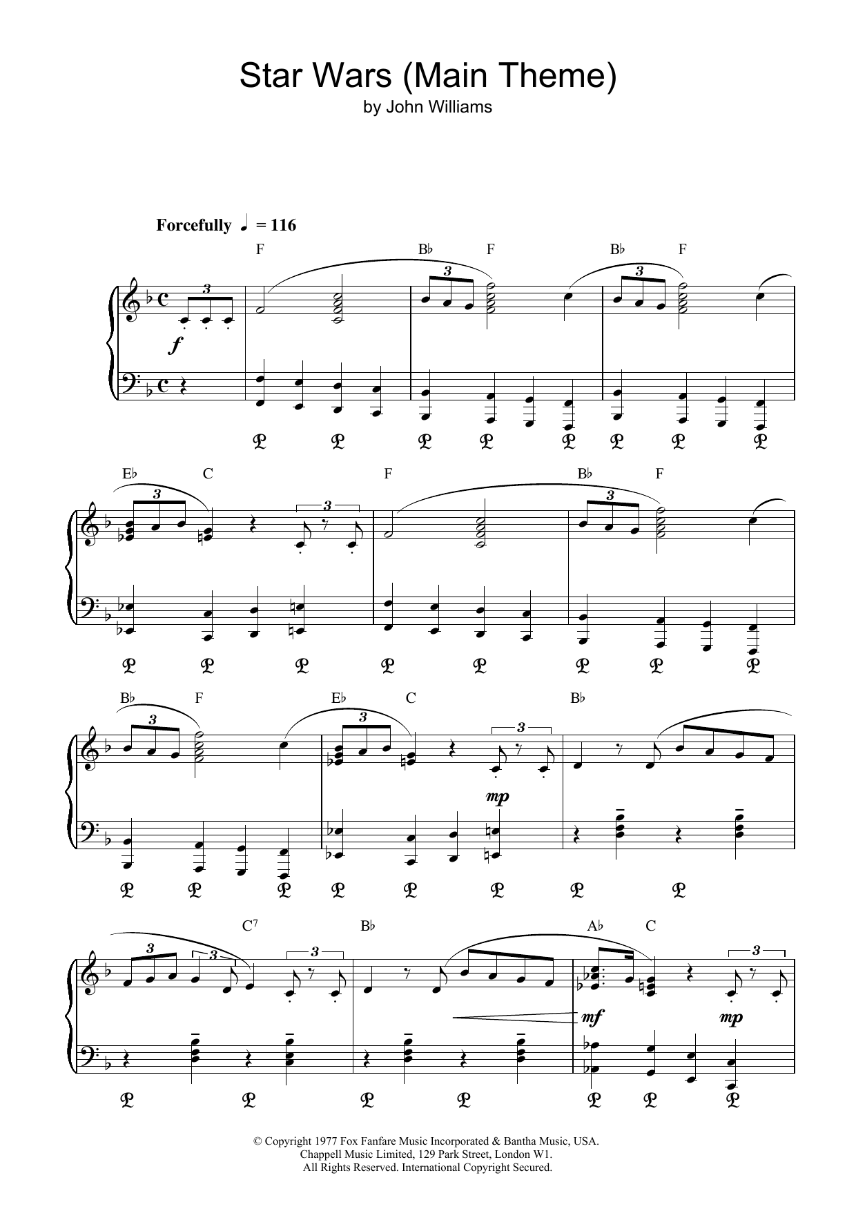 John Williams Star Wars (Main Theme) sheet music notes and chords arranged for Big Note Piano