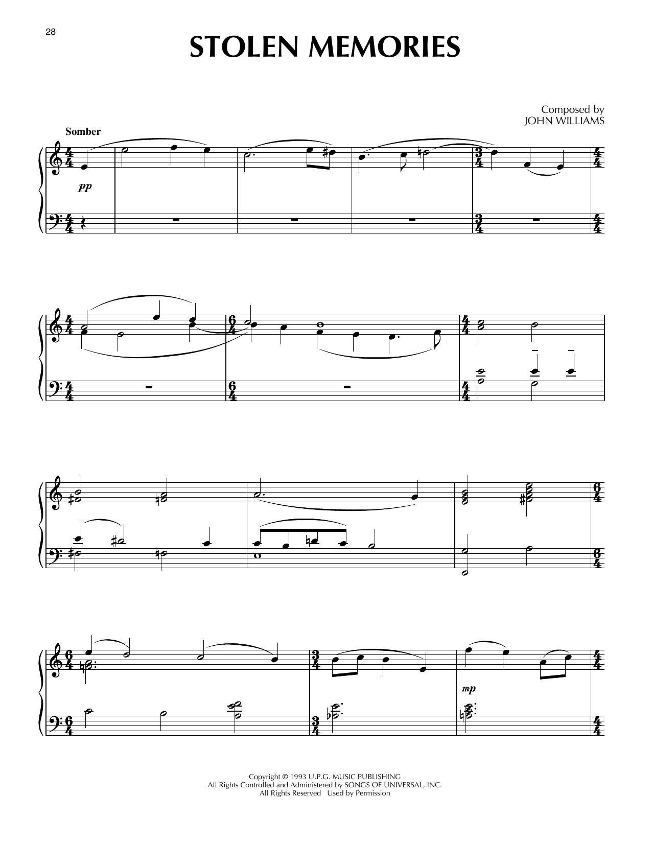John Williams Stolen Memories (from Schindler's List) sheet music notes and chords arranged for Piano Solo