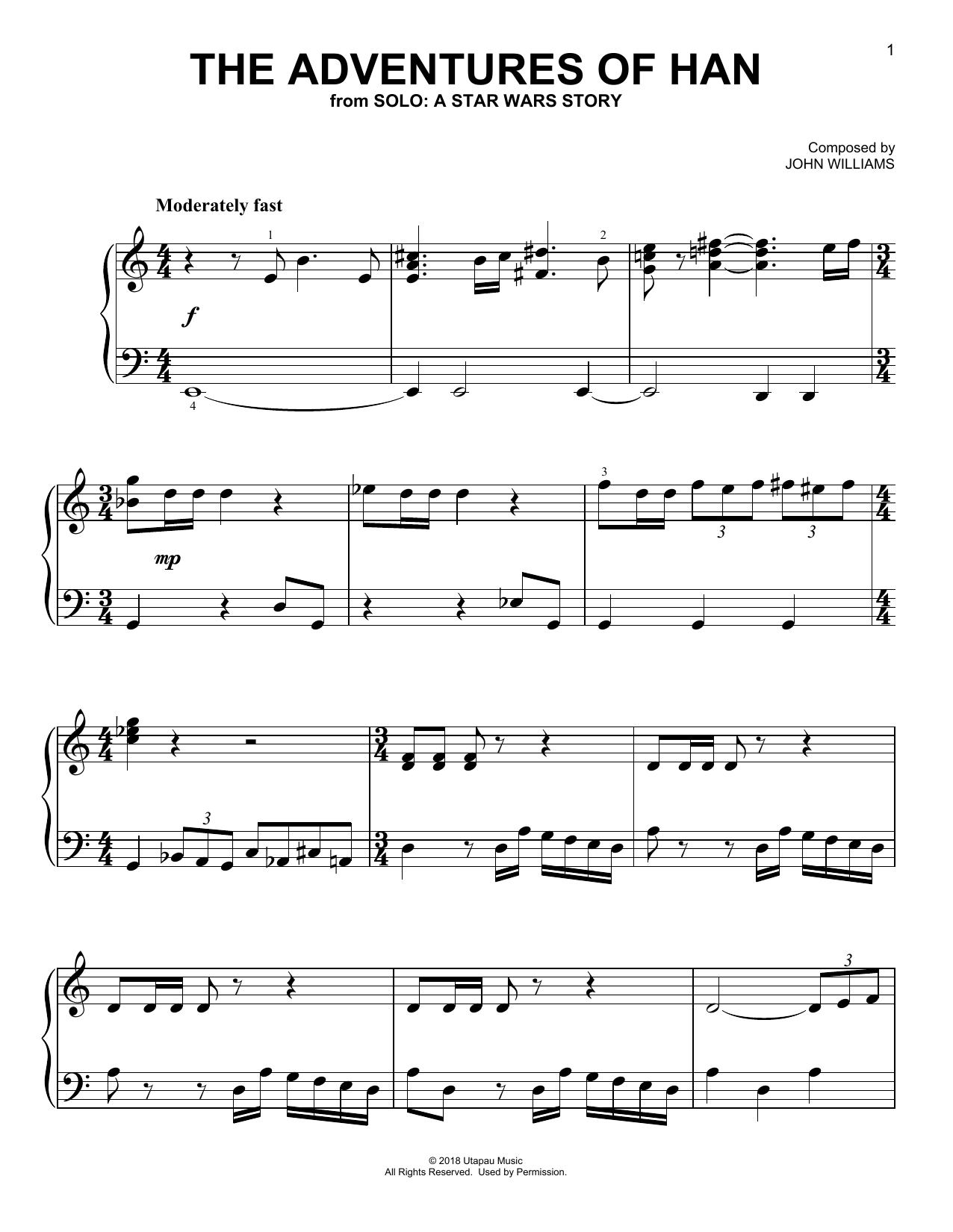 John Williams The Adventures Of Han (from Solo: A Star Wars Story) sheet music notes and chords arranged for Easy Piano