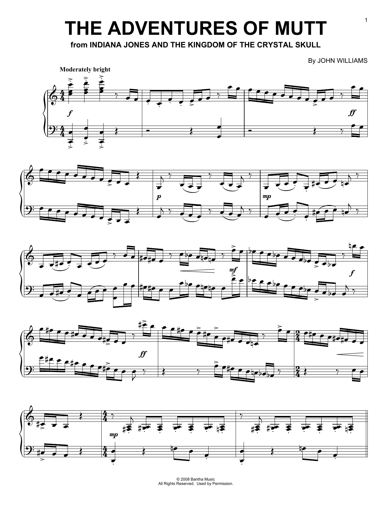 John Williams The Adventures Of Mutt (from Indiana Jones - Kingdom of the Crystal Skull) sheet music notes and chords arranged for Piano Solo