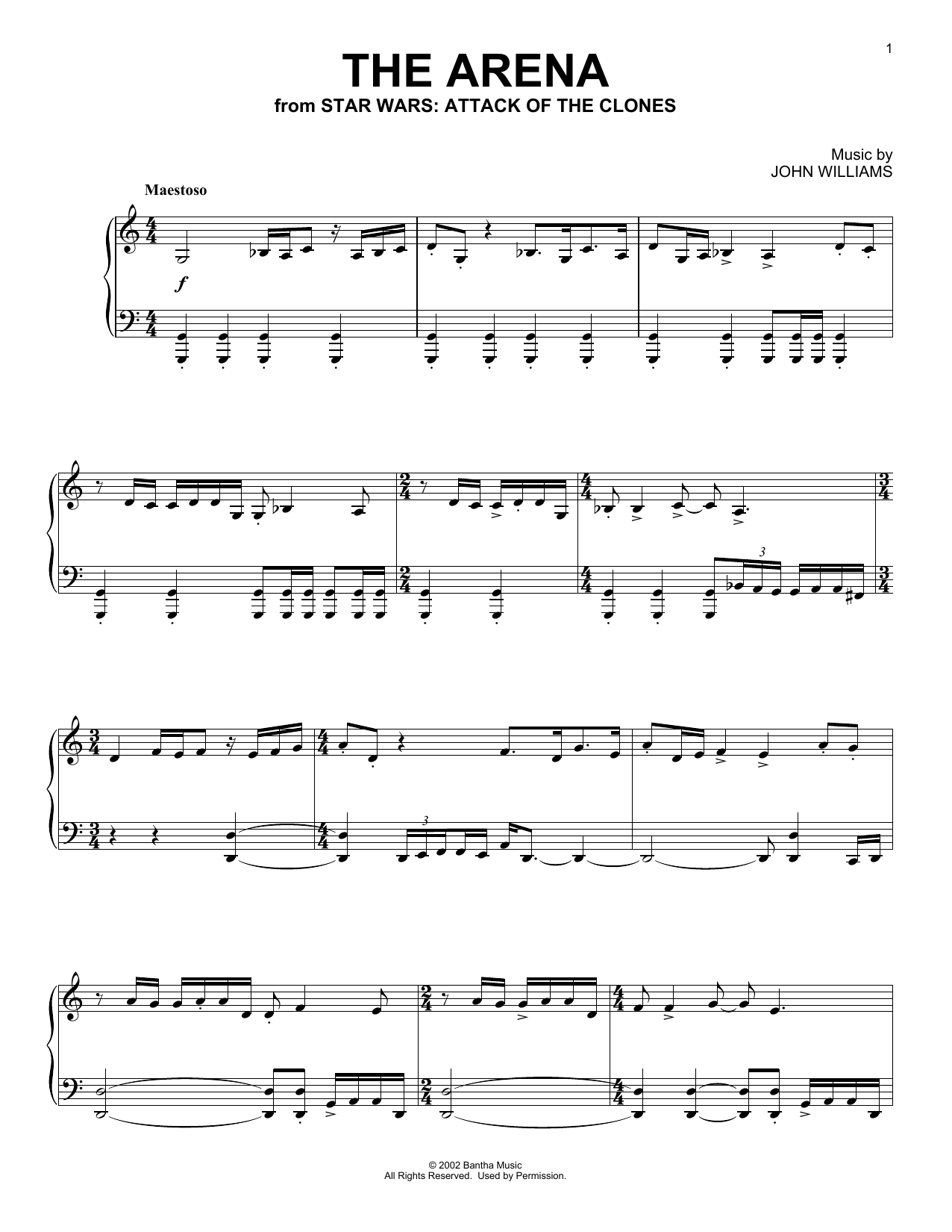 John Williams The Arena (from Star Wars: Attack Of The Clones) sheet music notes and chords arranged for Piano Solo