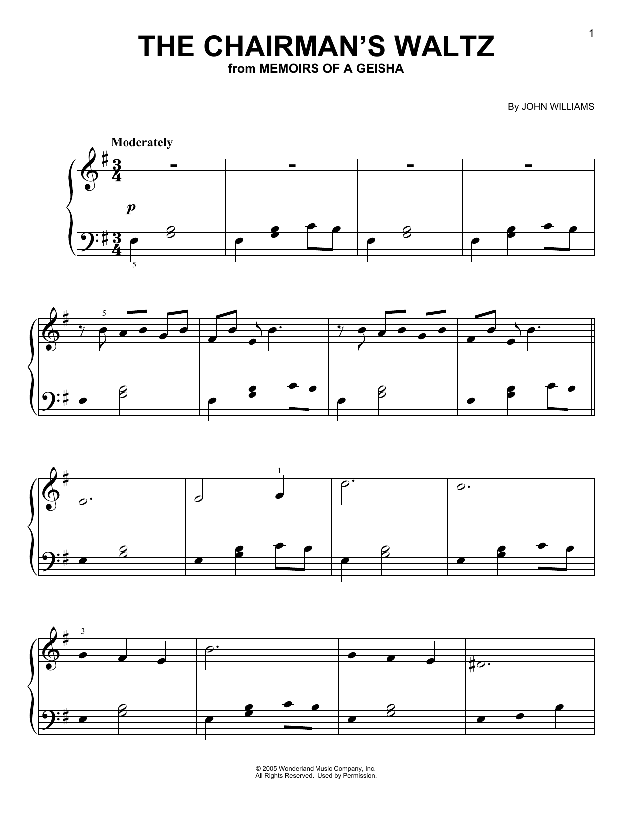 John Williams The Chairman's Waltz (from Memoirs of a Geisha) sheet music notes and chords arranged for Very Easy Piano