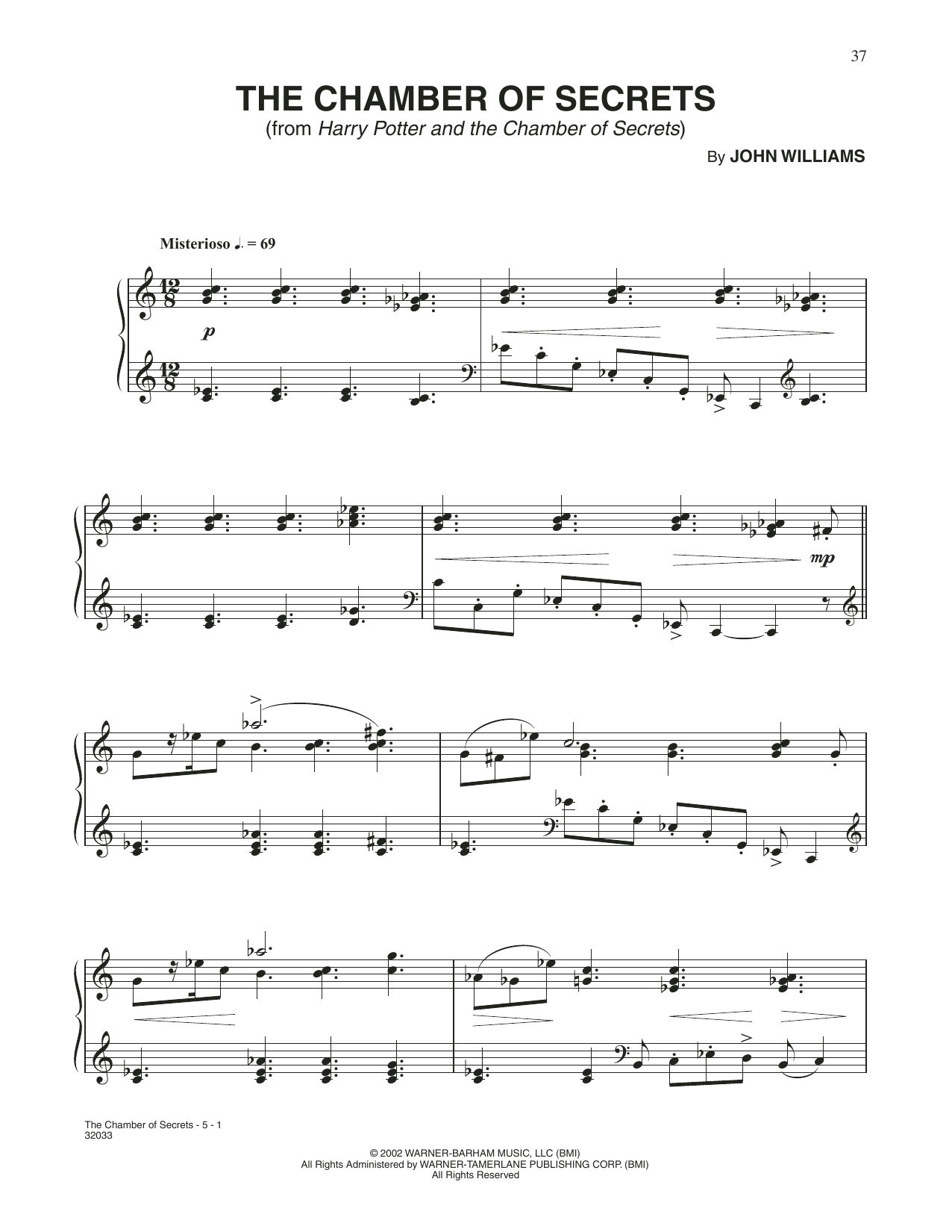 John Williams The Chamber Of Secrets (from Harry Potter) sheet music notes and chords arranged for Piano Solo