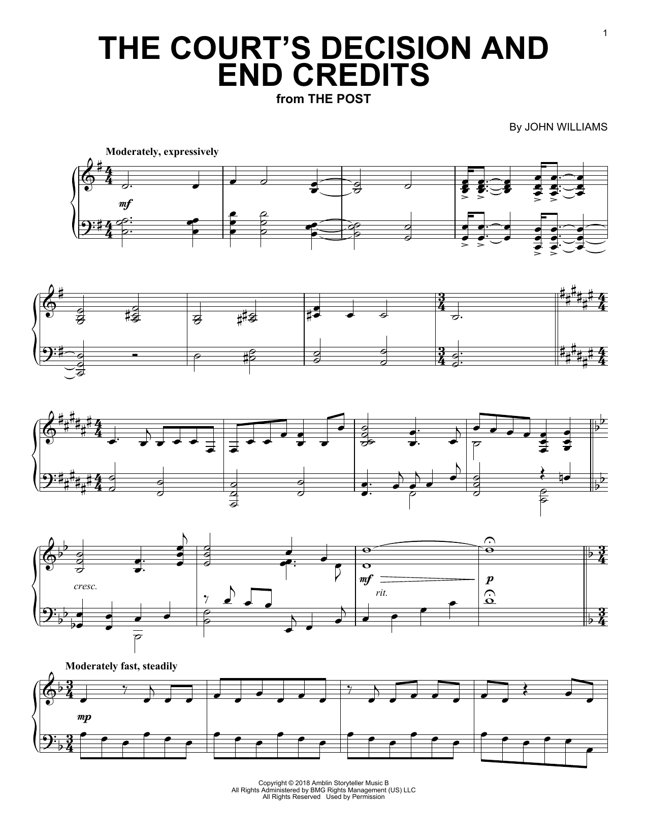 John Williams The Court's Decision And End Credits sheet music notes and chords arranged for Piano Solo