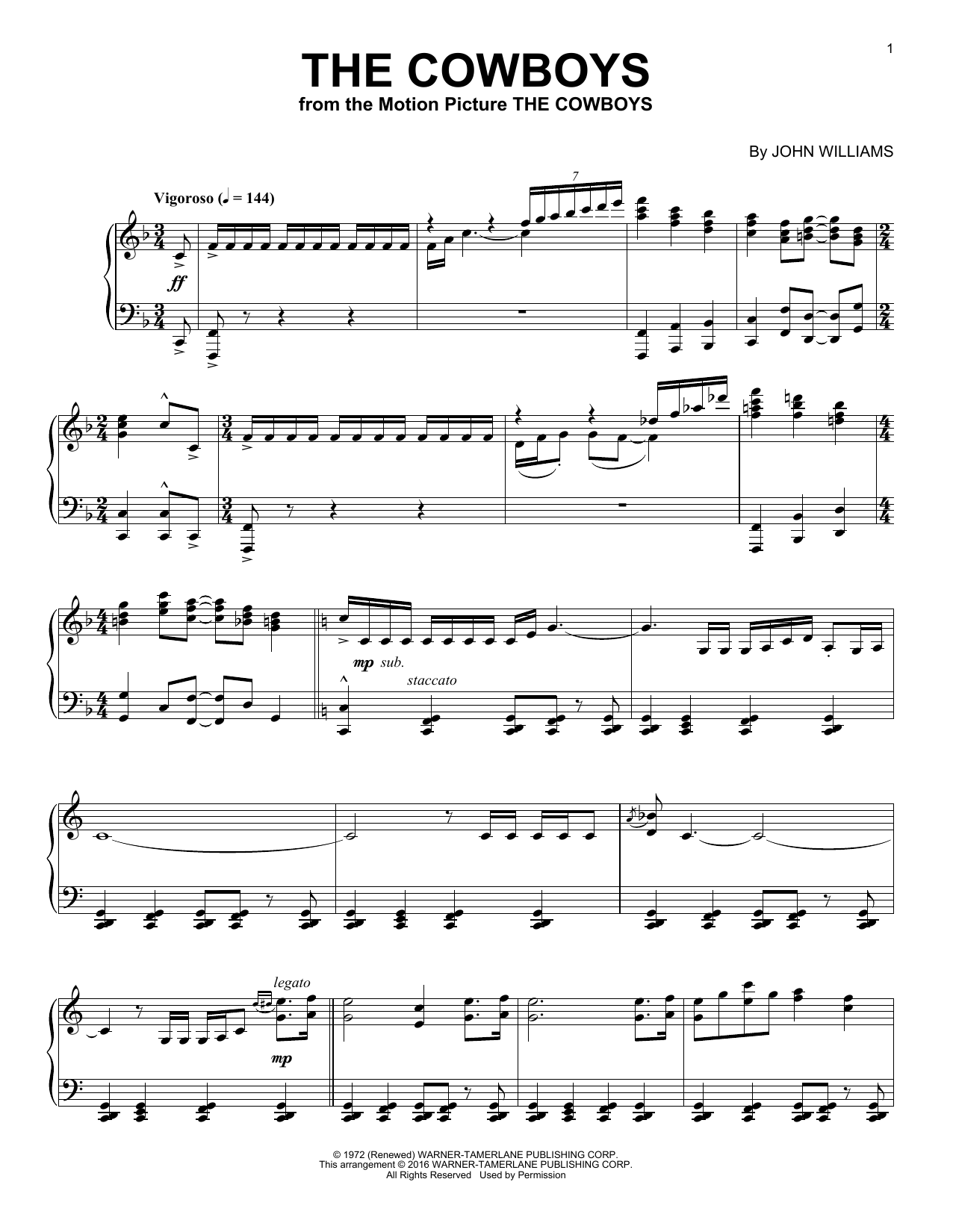 John Williams The Cowboys sheet music notes and chords arranged for Easy Piano