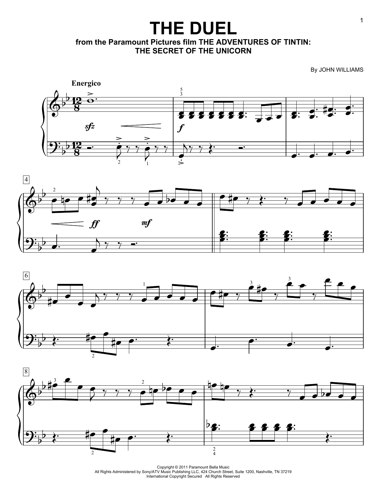 John Williams The Duel (from The Adventures Of Tintin) sheet music notes and chords arranged for Easy Piano
