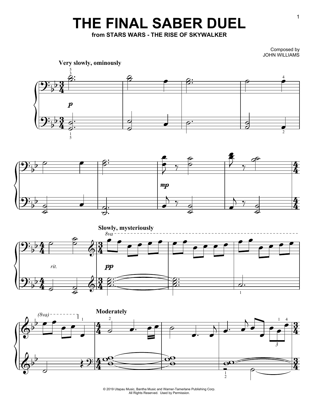 John Williams The Final Saber Duel (from The Rise Of Skywalker) sheet music notes and chords arranged for Easy Piano