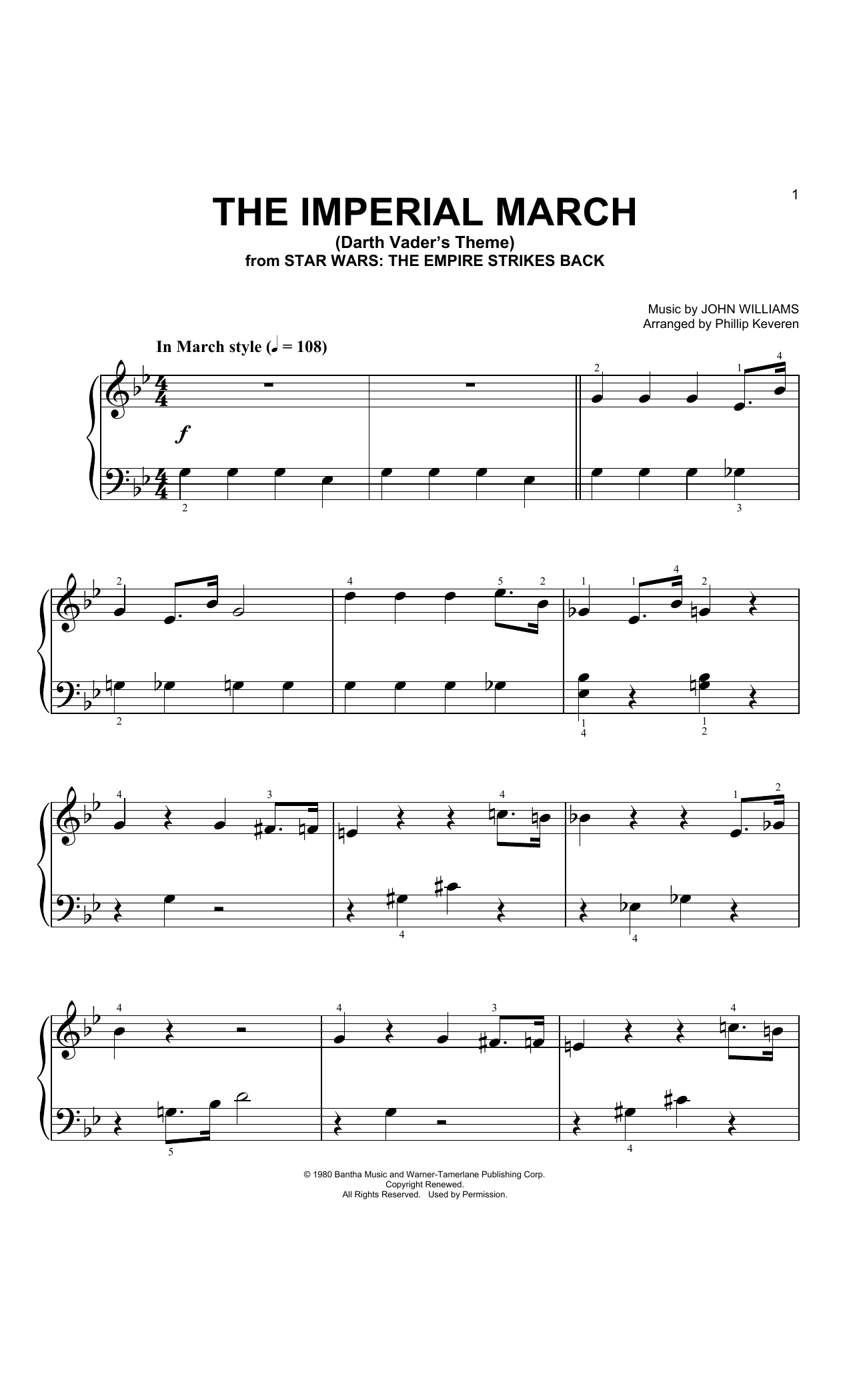 John Williams The Imperial March  (arr. Phillip Keveren) sheet music notes and chords arranged for Big Note Piano