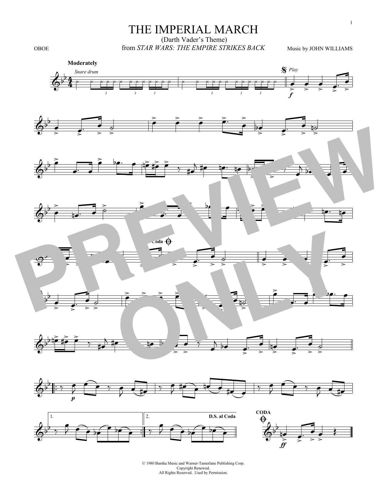 John Williams The Imperial March (Darth Vader's Theme) (from Star Wars: The Empire Strikes Back) sheet music notes and chords arranged for Oboe Solo