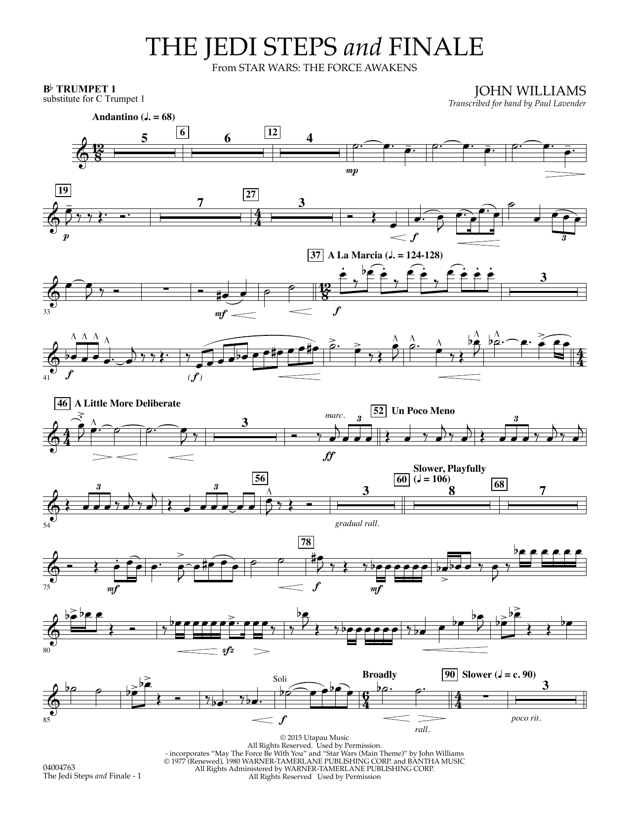 John Williams The Jedi Steps and Finale (from Star Wars: The Force Awakens) - Bb Trumpet 1 (sub. C Tpt. 1) sheet music notes and chords arranged for Concert Band