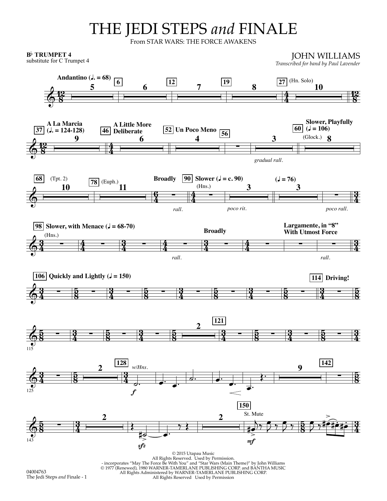John Williams The Jedi Steps and Finale (from Star Wars: The Force Awakens) - Bb Trumpet 4 (sub. C Tpt. 4) sheet music notes and chords arranged for Concert Band