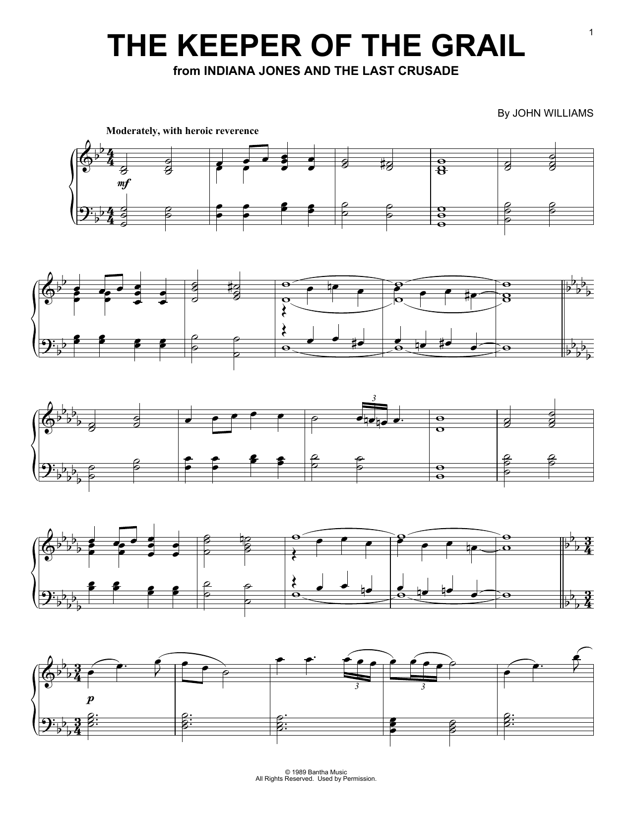 John Williams The Keeper Of The Grail (from Indiana Jones and the Last Crucade) sheet music notes and chords arranged for Piano Solo