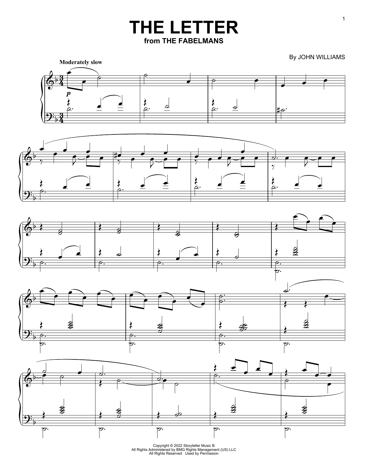 John Williams The Letter (from The Fabelmans) sheet music notes and chords arranged for Piano Solo