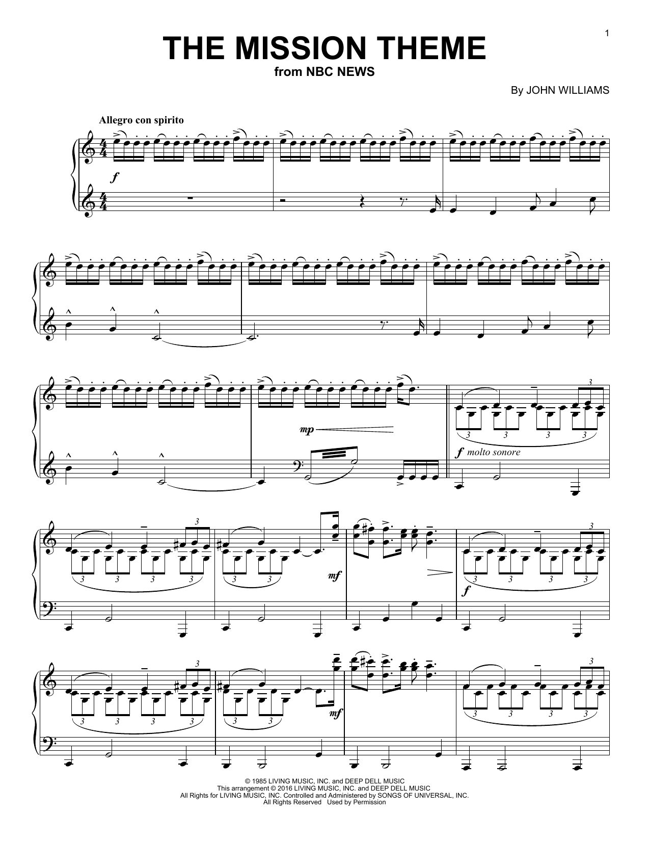 John Williams The Mission Theme sheet music notes and chords arranged for Easy Piano