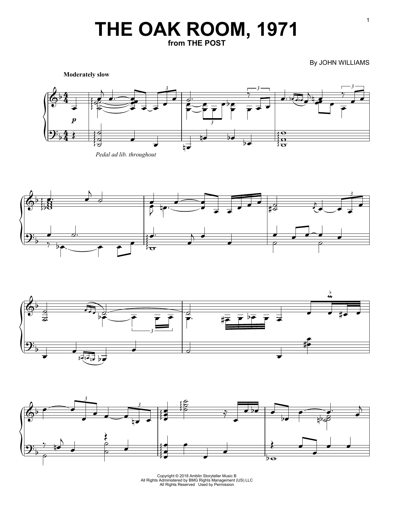 John Williams The Oak Room, 1971 sheet music notes and chords arranged for Piano Solo