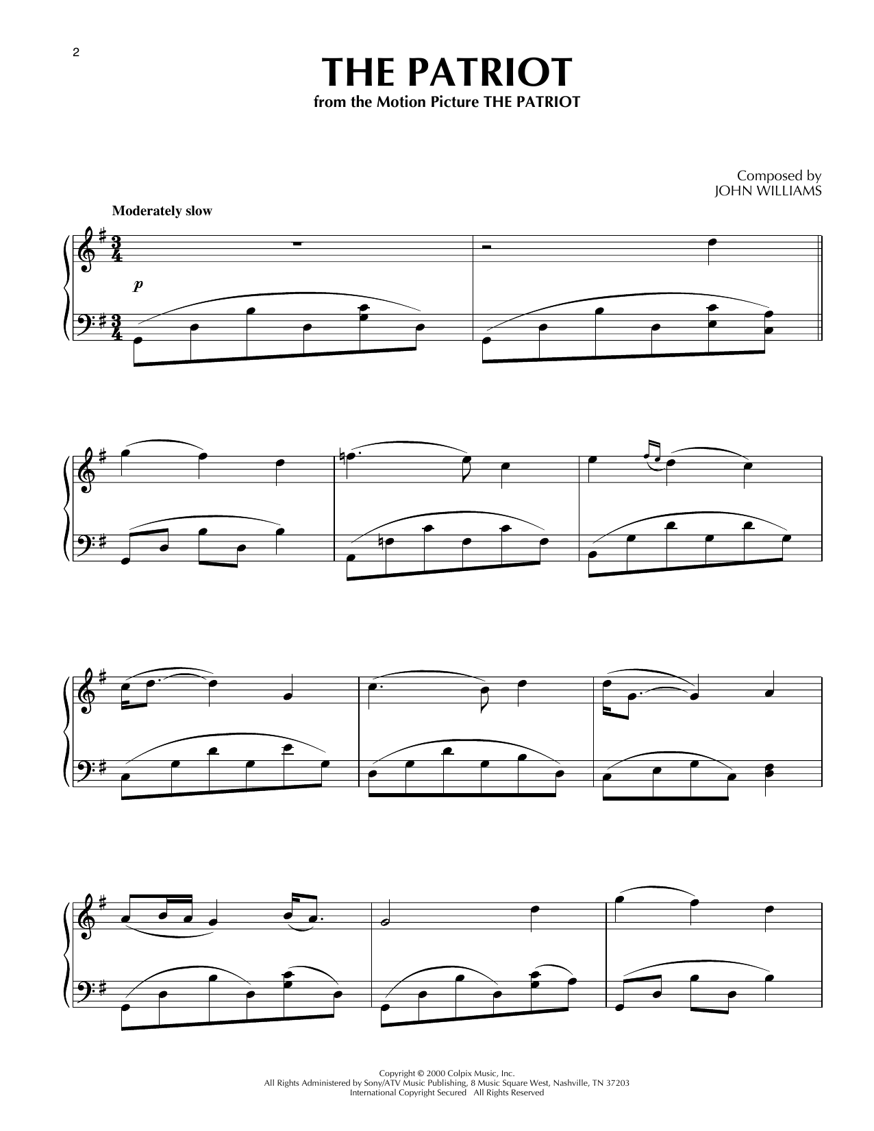 John Williams The Patriot sheet music notes and chords arranged for Piano Solo