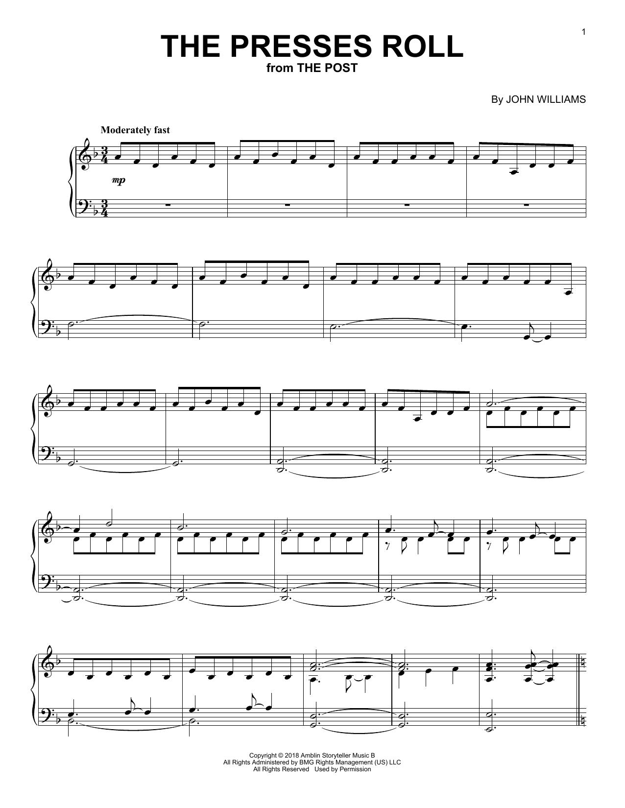 John Williams The Presses Roll sheet music notes and chords arranged for Piano Solo