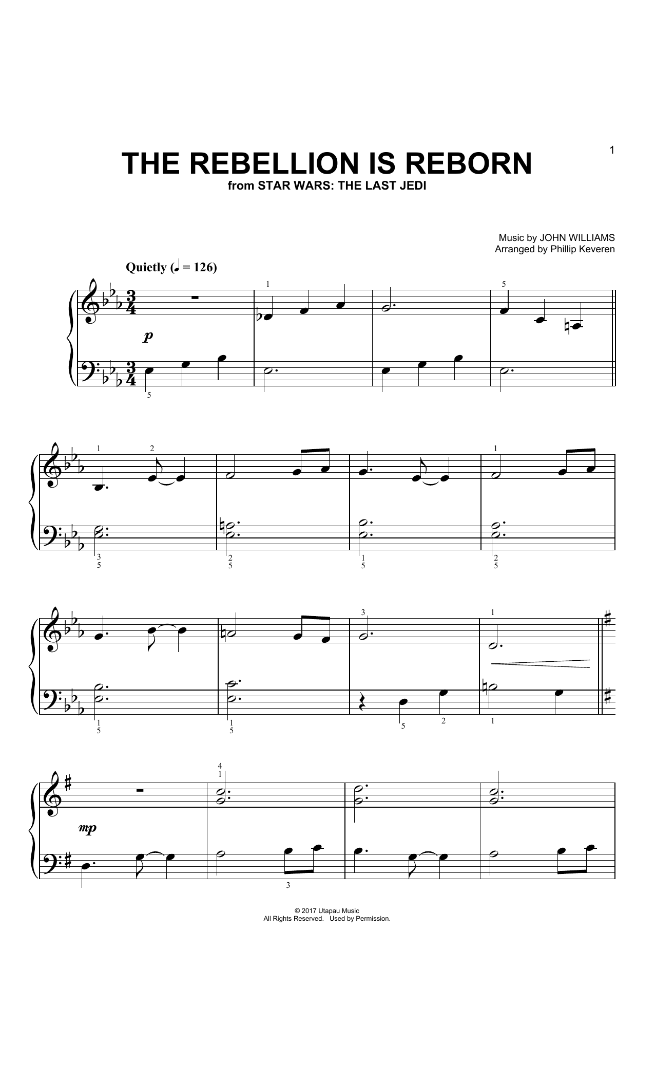John Williams The Rebellion Is Reborn (arr. Phillip Keveren) sheet music notes and chords arranged for Big Note Piano