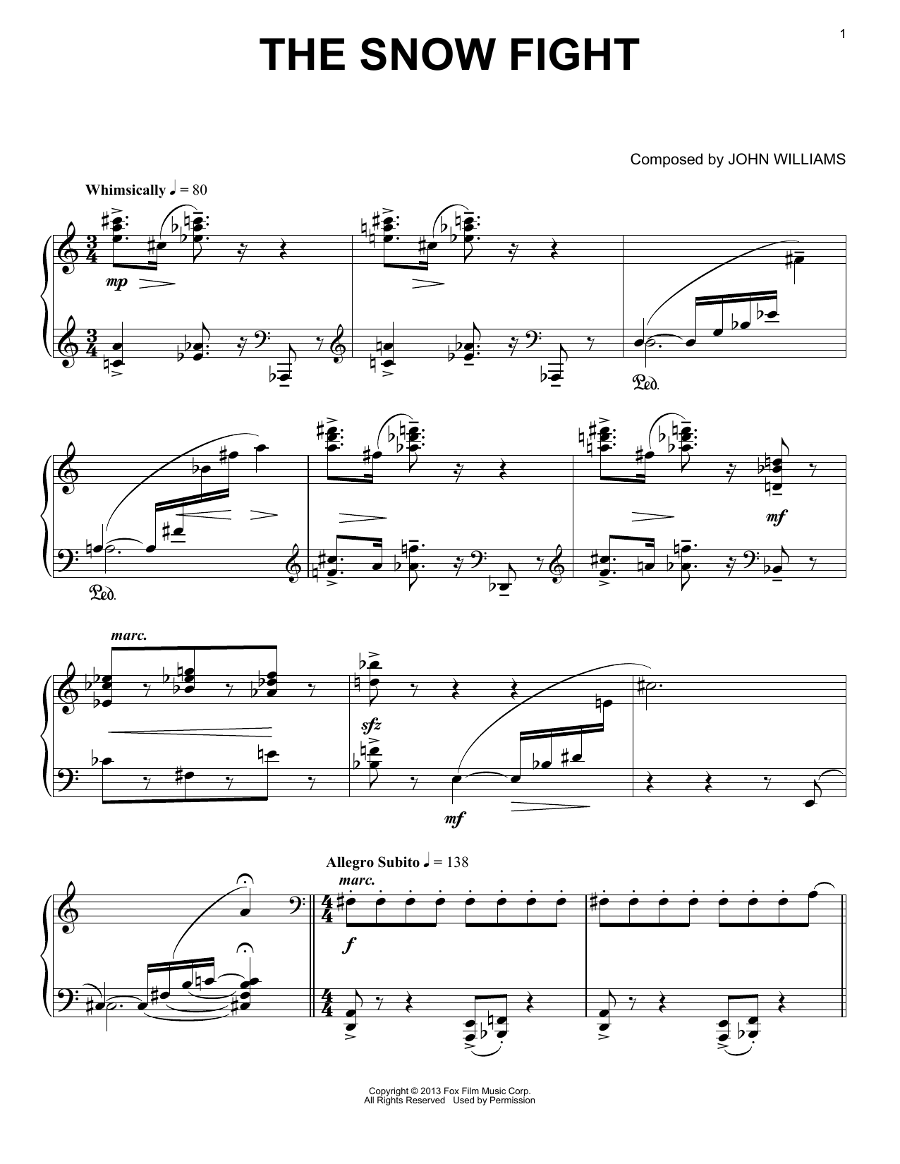 John Williams The Snow Fight sheet music notes and chords arranged for Piano Solo