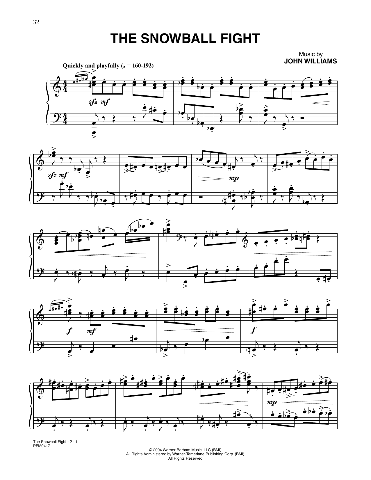John Williams The Snowball Fight (from Harry Potter) sheet music notes and chords arranged for Piano Solo
