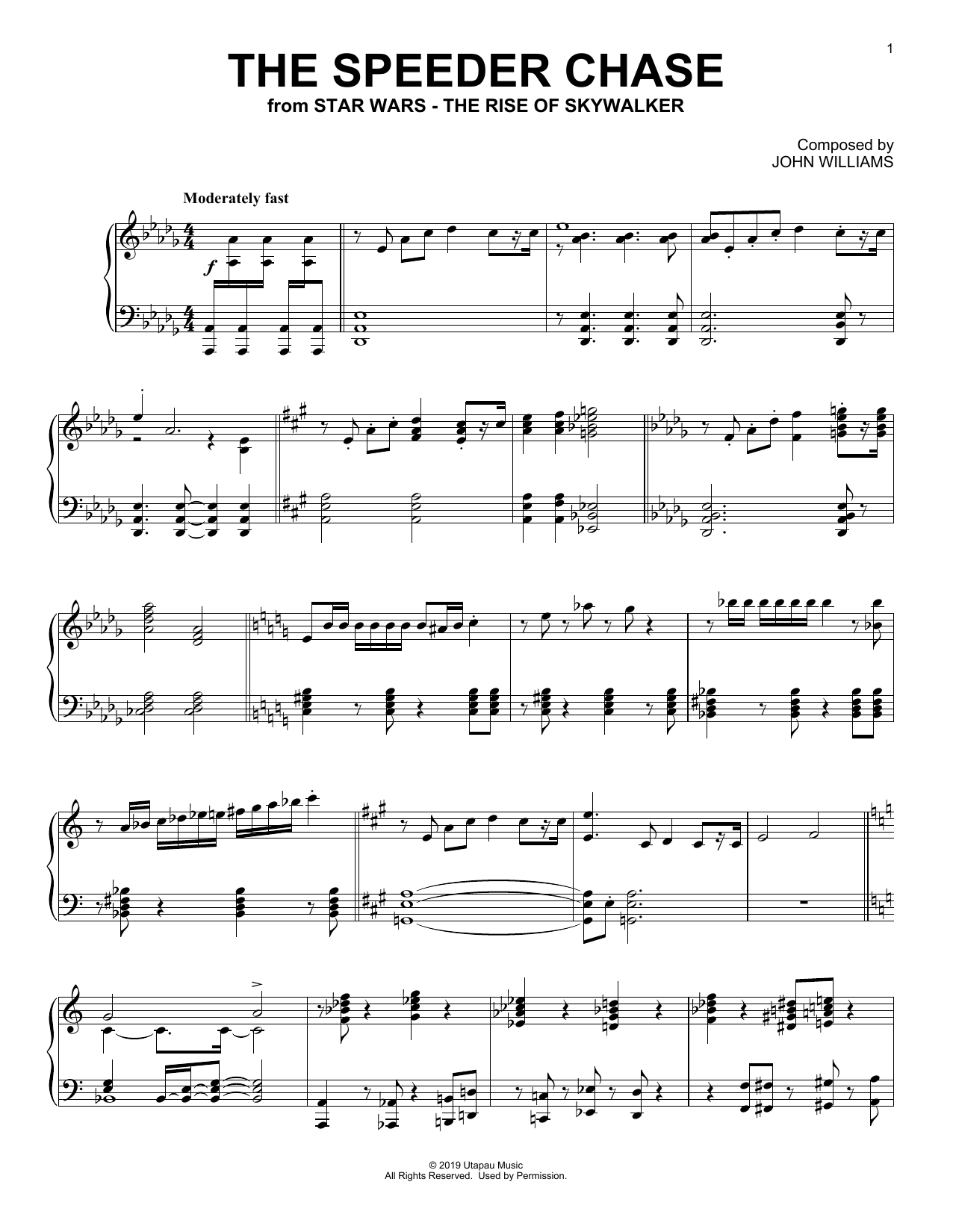 John Williams The Speeder Chase (from The Rise Of Skywalker) sheet music notes and chords arranged for Piano Solo