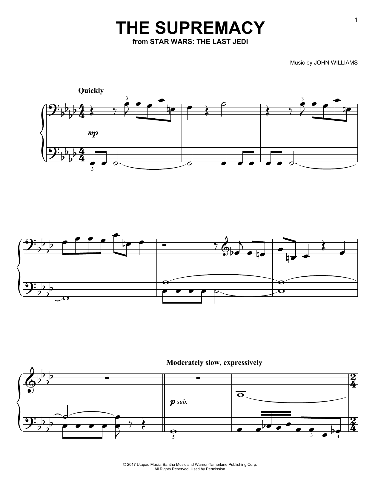 John Williams The Supremacy sheet music notes and chords arranged for Easy Piano