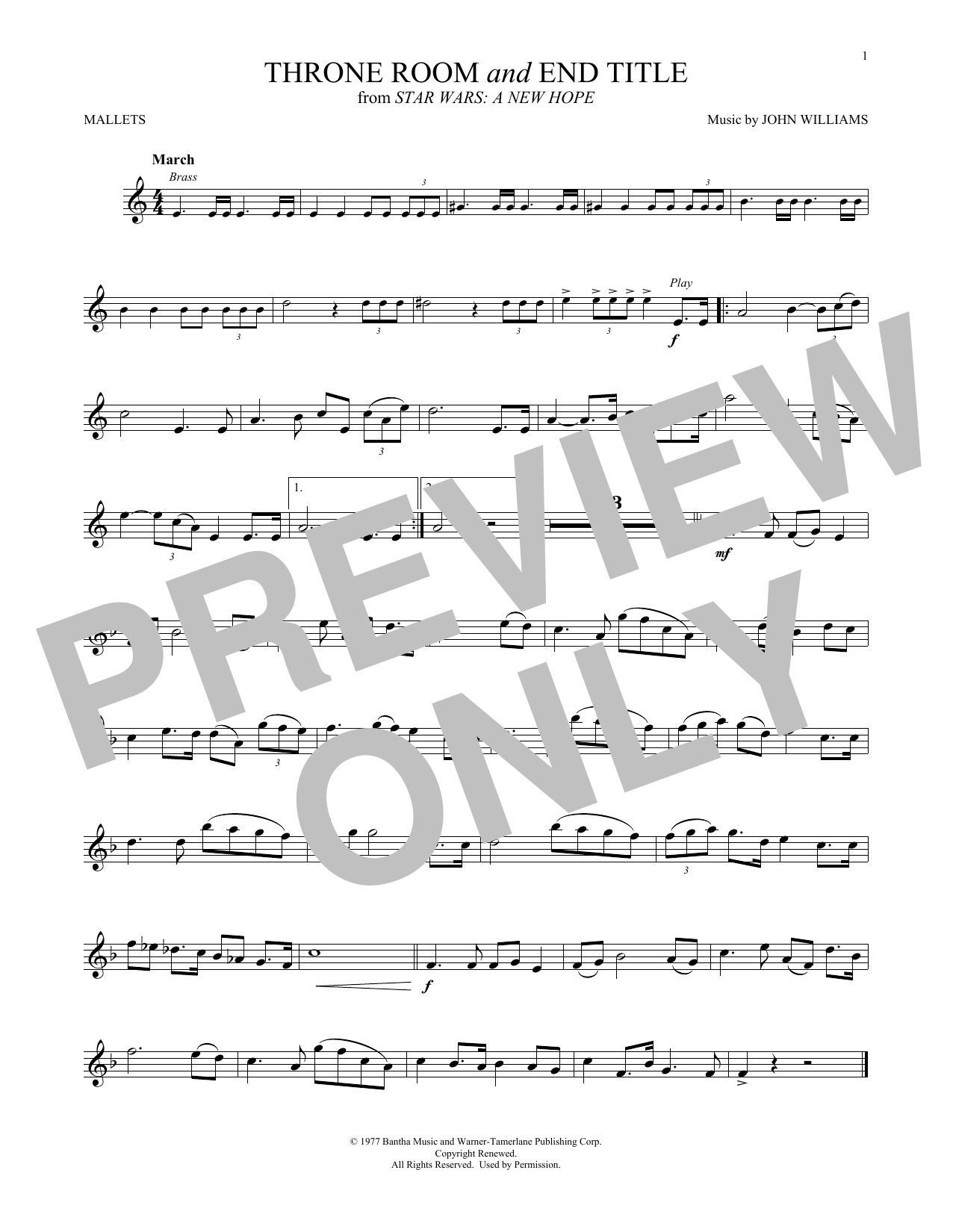 John Williams The Throne Room And End Title (from Star Wars: A New Hope) sheet music notes and chords arranged for Mallet Solo