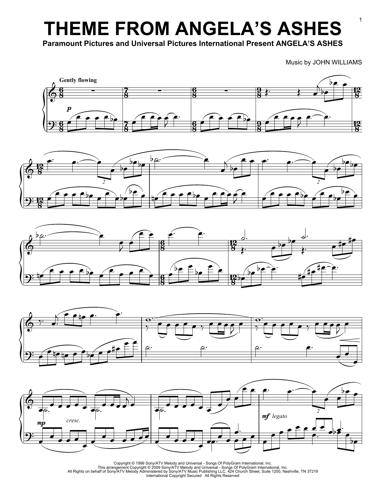 John Williams Theme From Angela's Ashes sheet music notes and chords arranged for Easy Piano