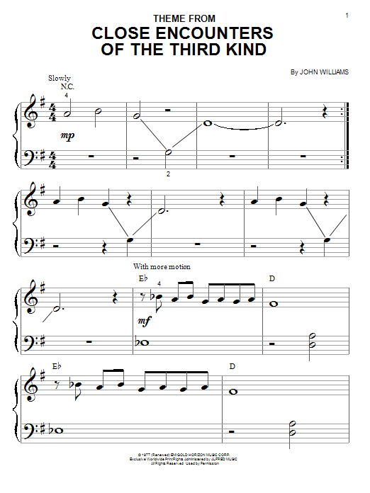 John Williams Theme From Close Encounters Of The Third Kind sheet music notes and chords arranged for Piano Solo