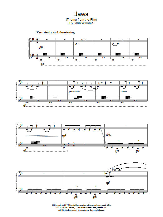 John Williams Theme from Jaws sheet music notes and chords arranged for Piano Solo