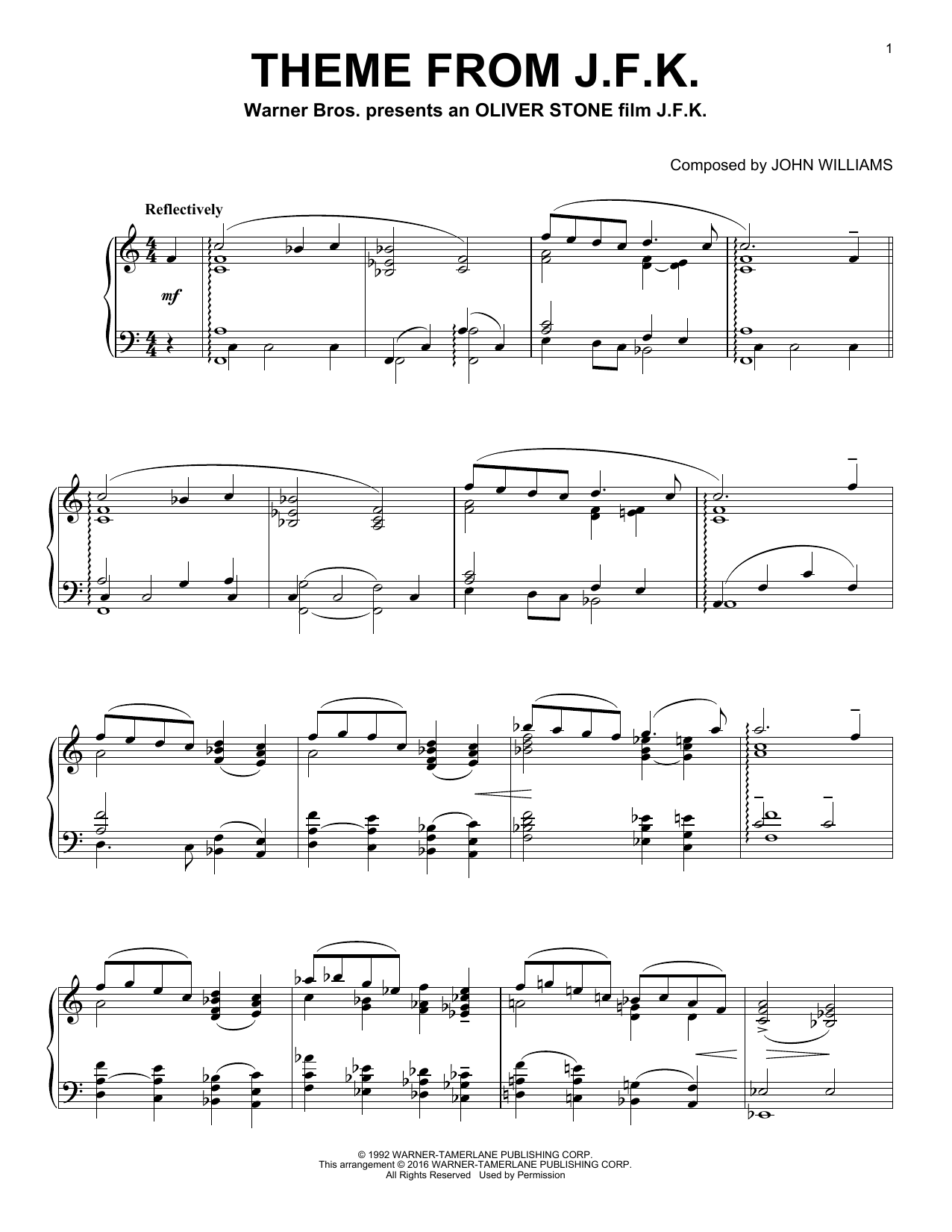 John Williams Theme From J.F.K. sheet music notes and chords arranged for Easy Piano