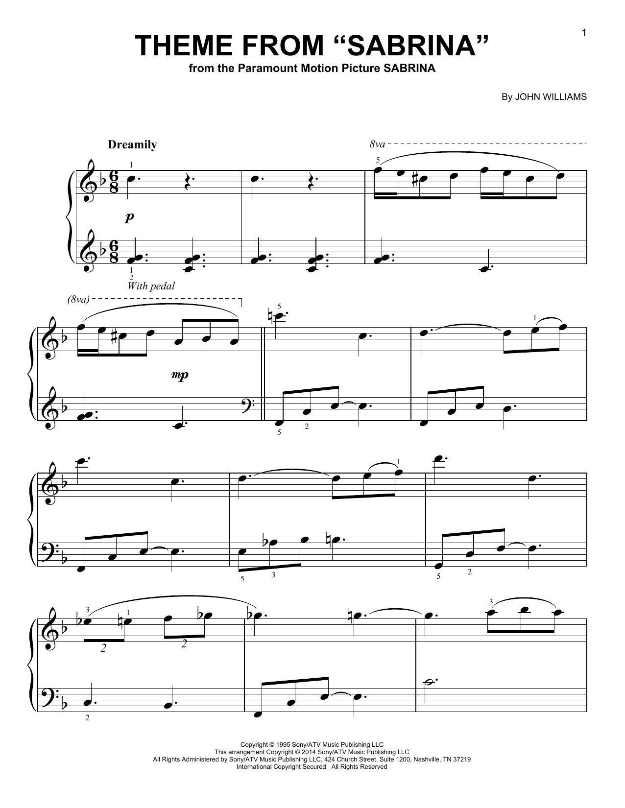 John Williams Theme from Sabrina sheet music notes and chords arranged for Easy Piano Solo