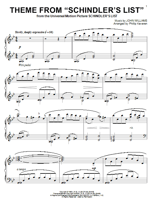 John Williams Theme from Schindler's List (arr. Phillip Keveren) sheet music notes and chords arranged for Piano Solo
