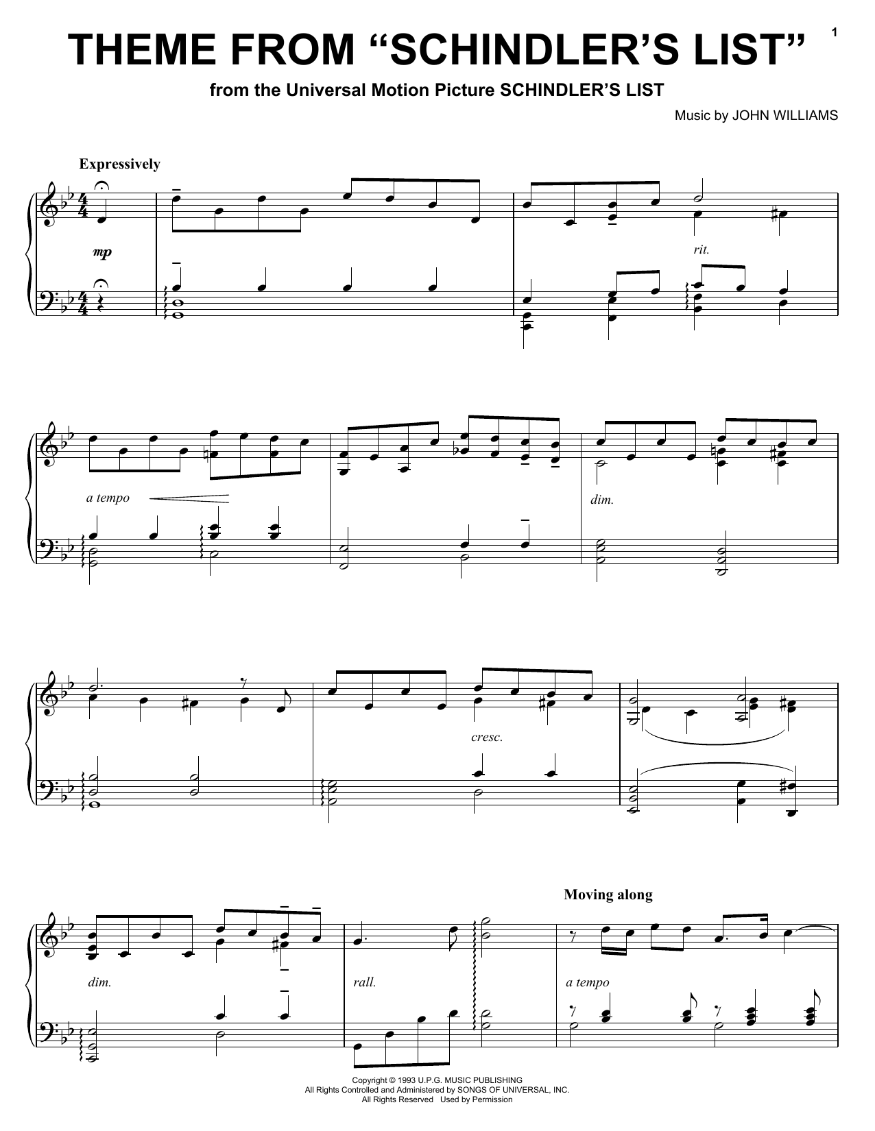 John Williams Theme From Schindler's List sheet music notes and chords arranged for Alto Sax Solo
