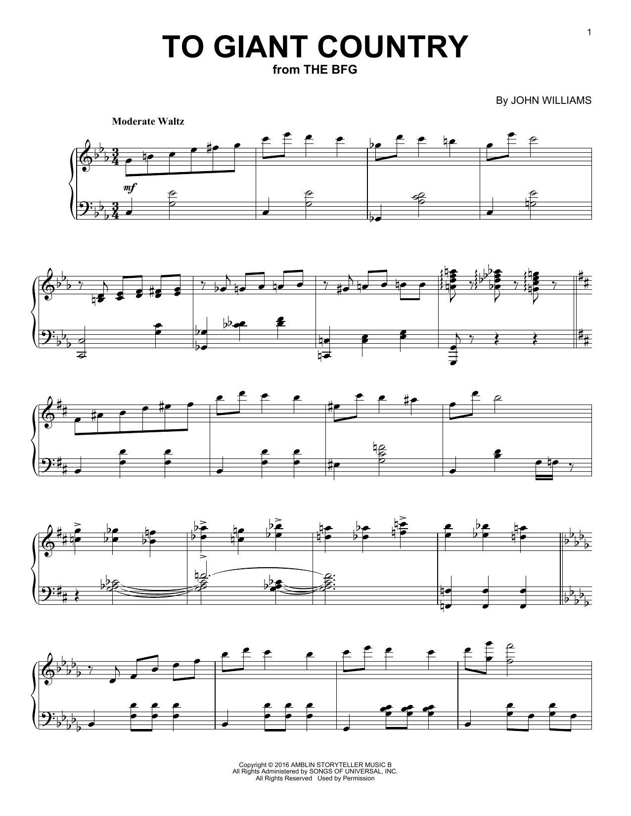 John Williams To Giant Country sheet music notes and chords arranged for Piano Solo